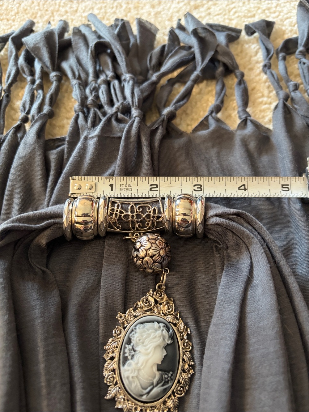Gray Cameo Pendant Scarf Necklace - Women's Fashion Jewelry - Picture 7 of 14